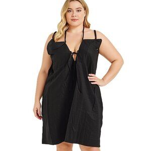 Forever 21+ Black Linen Blend Midi Dress Spaghetti Strap Tie Front Size 3X